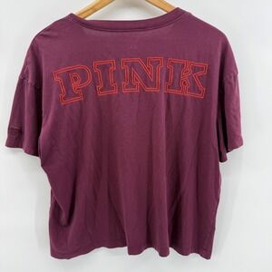 Victoria's Secret PINK V-Neck T-Shirt Maroon Burgundy Embroidered Logo Medium